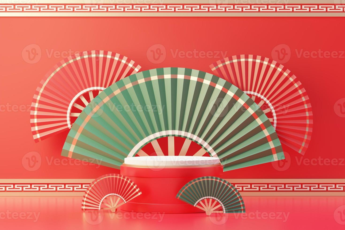 3d rendering of minimal scene of blank podium with Chinese lunar new year theme. Display stand for product presentation mock up. Chinese traditional texture. photo