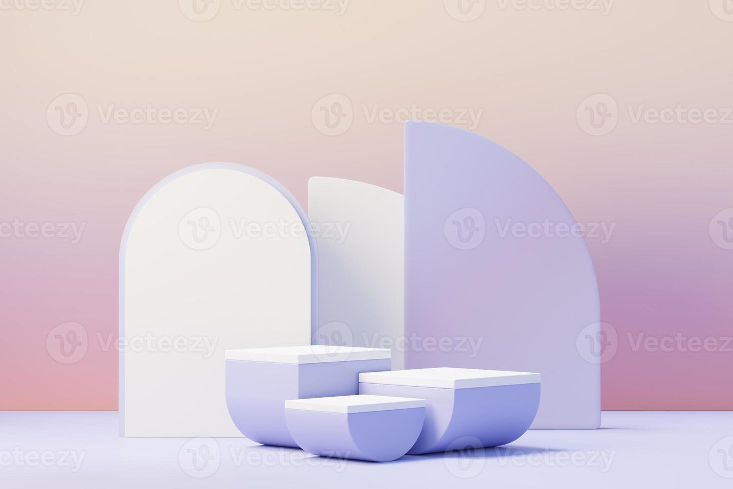 3d render of Beauty podium with Very Peri color of the year 2022 design for product presentation and advertising. Minimal pastel sky and Dreamy land scene. Romance concept. photo