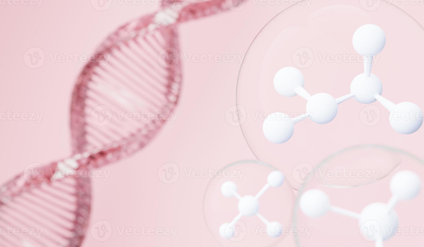 3d render of simple chemical bond in side cell or molecules. The associated of atoms, ions, bond and molecules. Liquid drop bubble background. Covalent bond. Biochemical interaction. photo