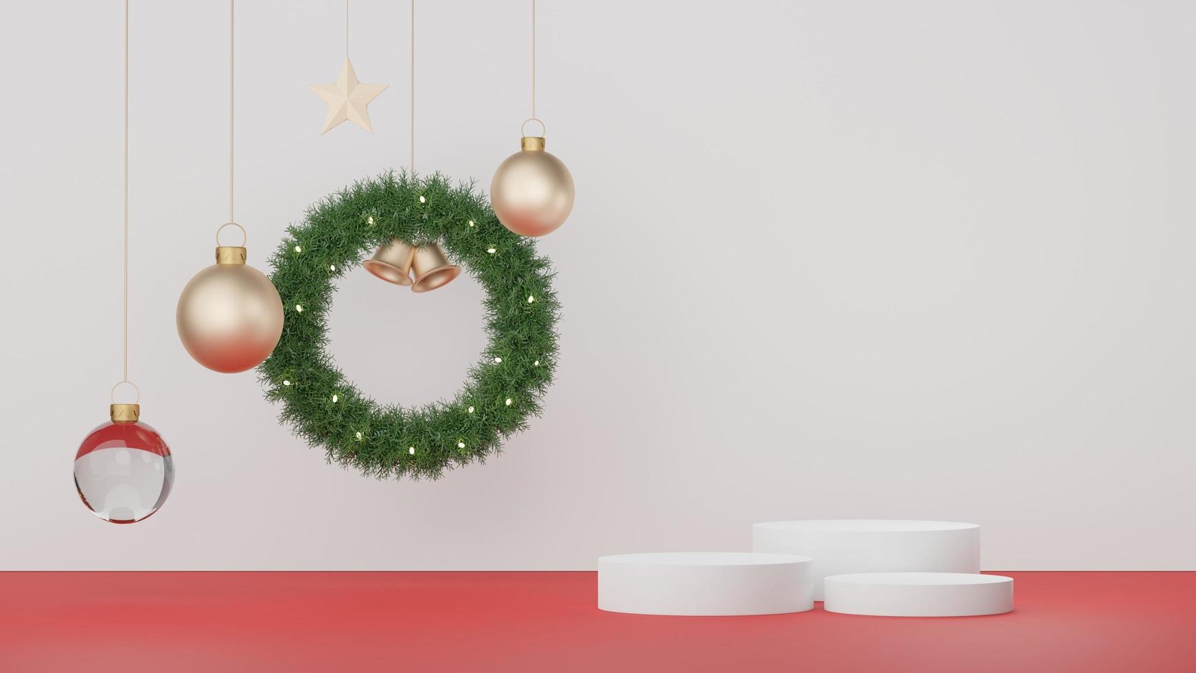 3d Display Podium for product and cosmetic presentation with Merry Christmas and Happy new year concept. Modern geometric. Platform for mock up and showing brand. Minimal clean design. photo