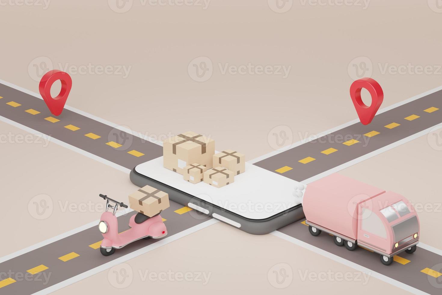 3d render of brown cardboard boxes parcel with truck, scooter and road. Shopping Online delivery concept. photo