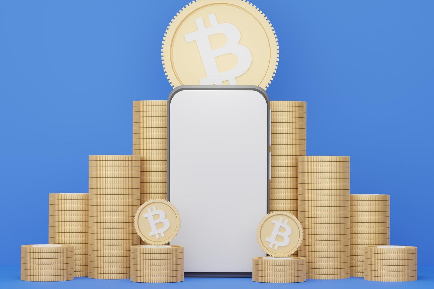 3d render stack of bitcoin with smartphone for mockup. photo