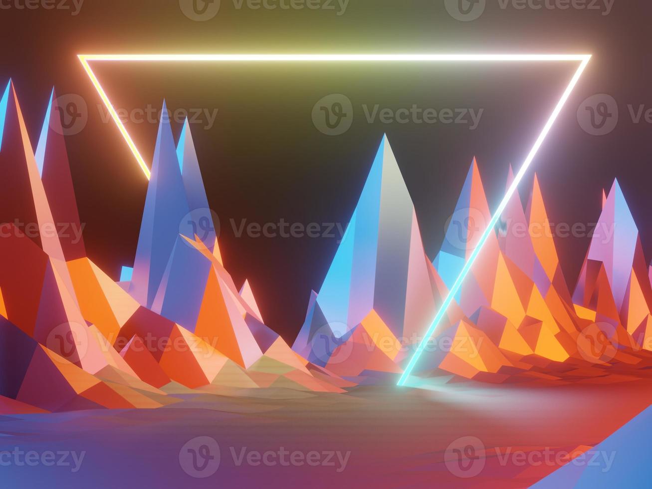 3d render of RGB neon light on darkness background. Abstract Laser lines show at night. Ultraviolet spectrum beam scene photo