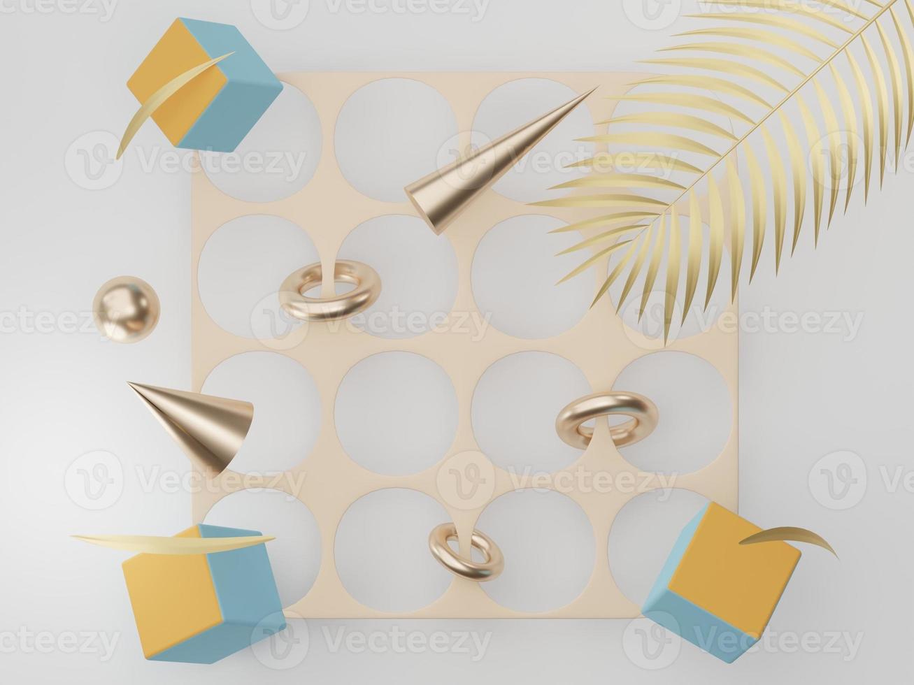 3d render of premium abstract geometric shapes and pastel luxury gravel decor with tropical leaves on white background. photo