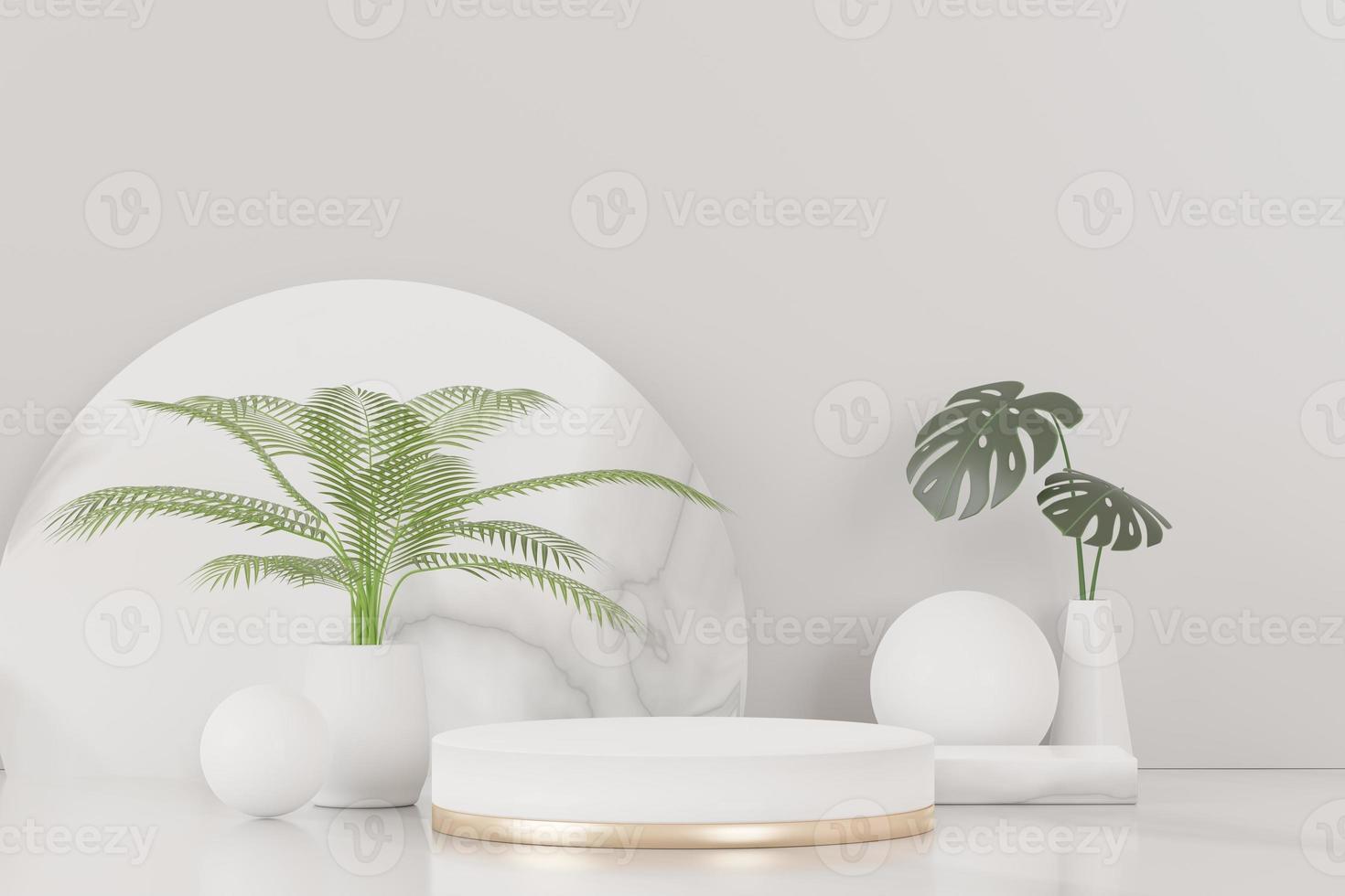 3d render of abstract pedestal podium display with Tropical Monstera leaves. Product and promotion concept for advertising. Green natural background. photo