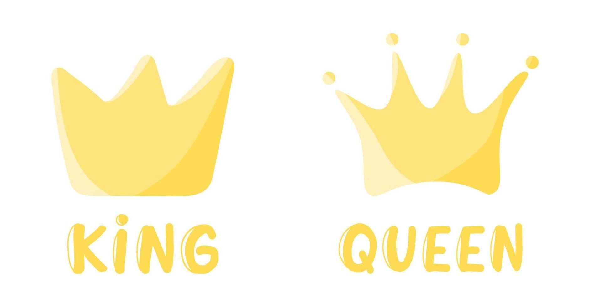 Cartoon gold crown icon set isolated on white background. Royal person king and queen lettering card concept. Doodle vector illustration for kids. Nursery poster design. T-shirt prints.