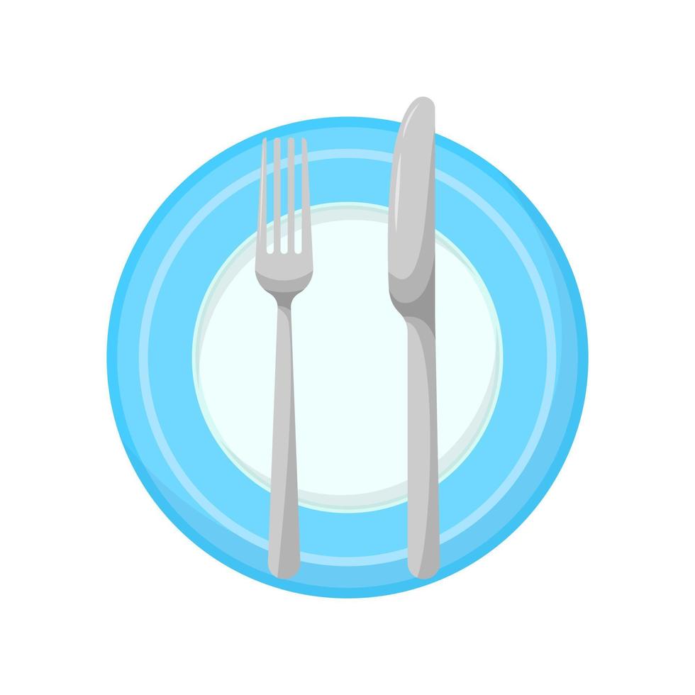 Knife and fork on a plate isolated on white background icon. Cartoon silver kitchen eating tools. Table appointments concept. Flat style vector illustration.