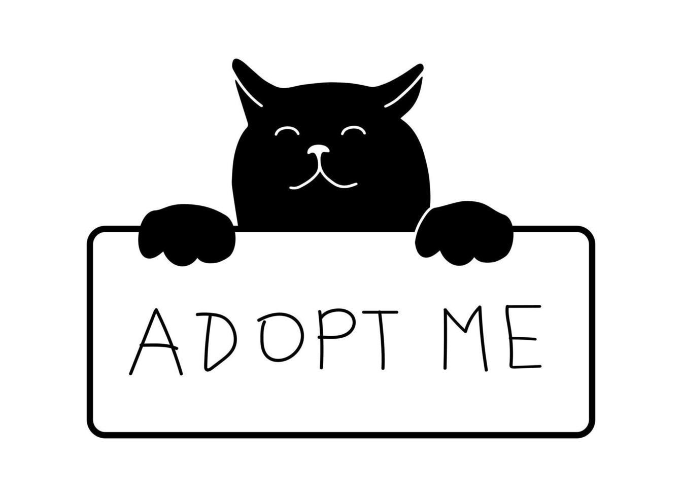 Cute cat face with banner, adopt me phrase, conceptual illustration isolated on white background. Doodle vector drawing. Rescue abandoned pet in shelter.