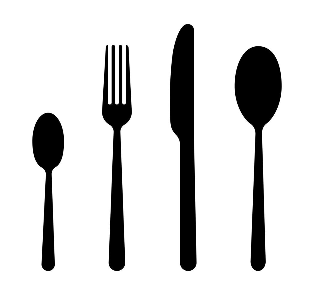 Spoon, knife and fork dishware isolated on white background icon set. Simple black shadow shape silhouette. Kitchen eating equipment logo concept. Flat style vector illustration.