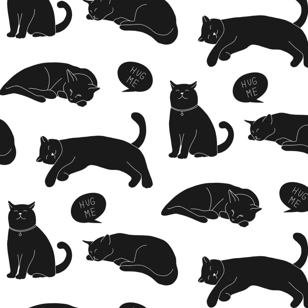 patrón vectorial sin costuras con lindos gatos garabatos. simple silueta animal negra aislada sobre fondo blanco. forma de sombra de gato durmiente. vector