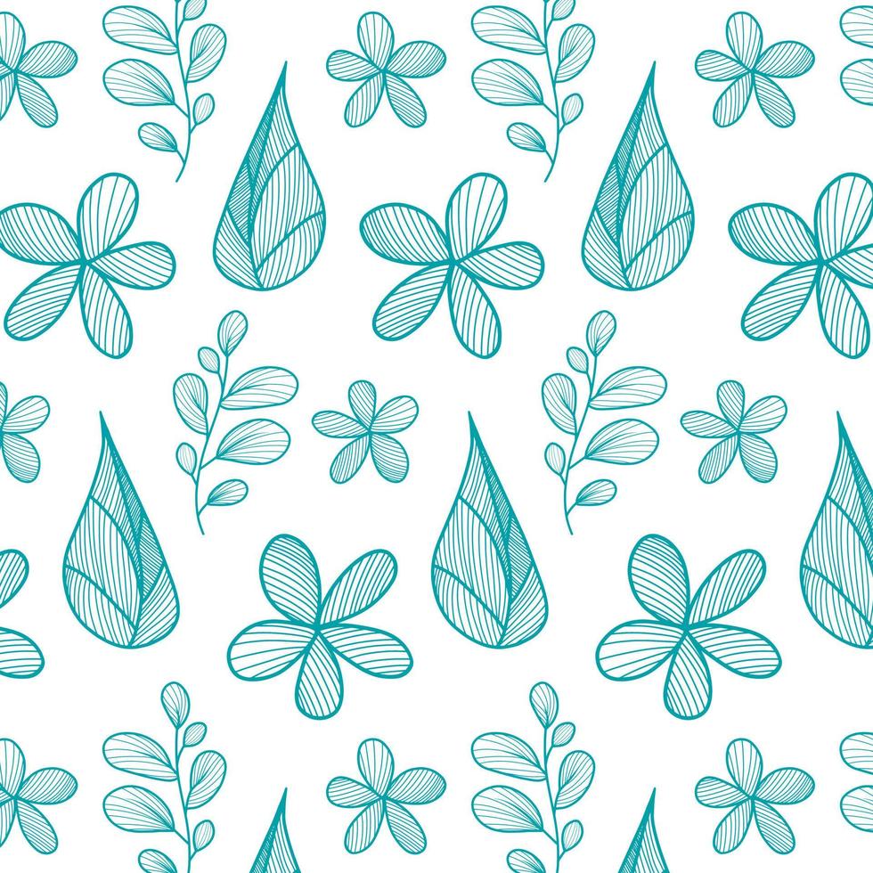 Blue botanical linear seamless pattern isolated on white background. Simple vector floral background. Flowers and leaves ornament. Line art design.