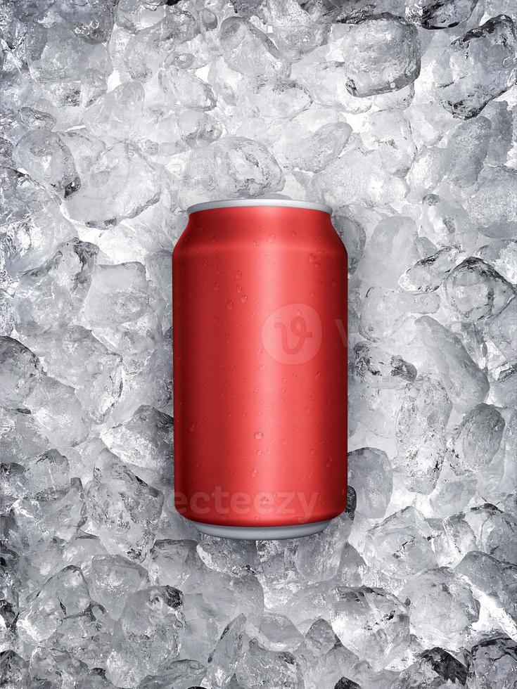 Can of cold beverage, ice cubea of juicy. Summer refreshing drink photo