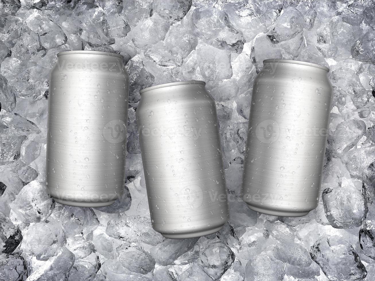 Tin cans on ice cubes, flat lay photo