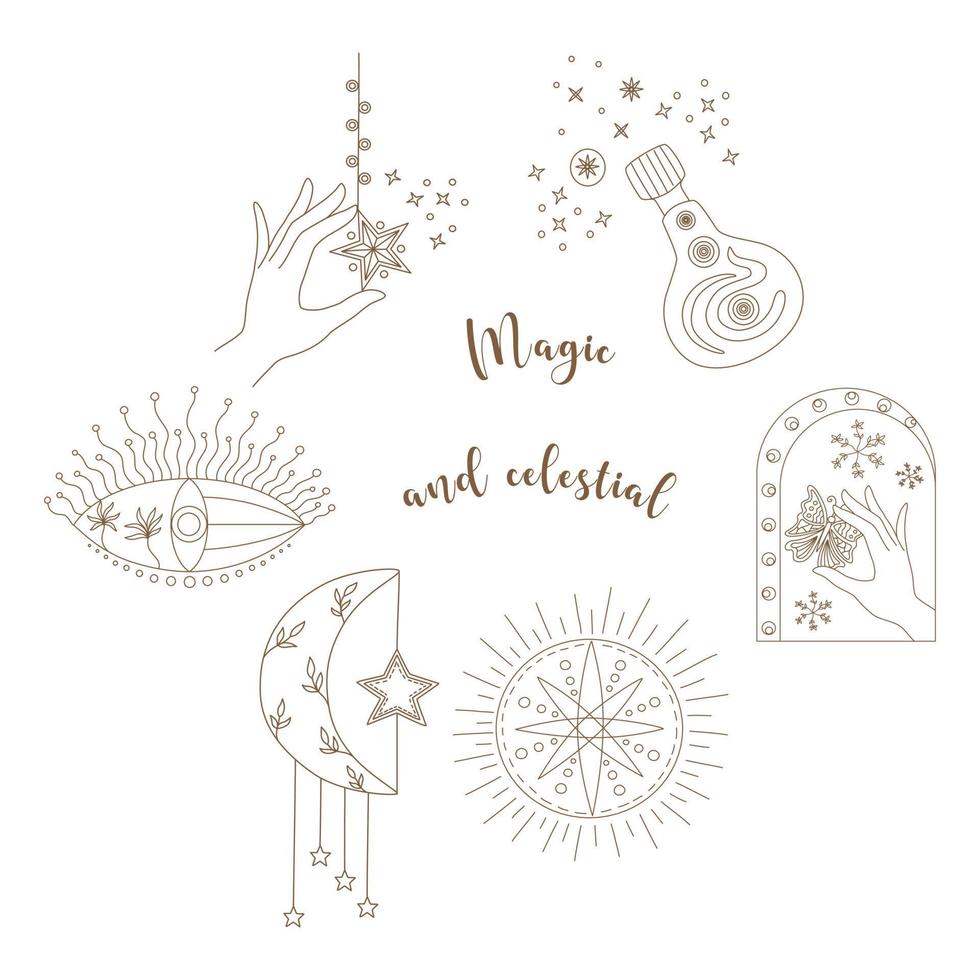 Vector set of magic and sky elements designed in doodle style, brown lines on white background for card. Digital printing, scrapbooks, tattoos, t-shirt designs, stickers, and more.