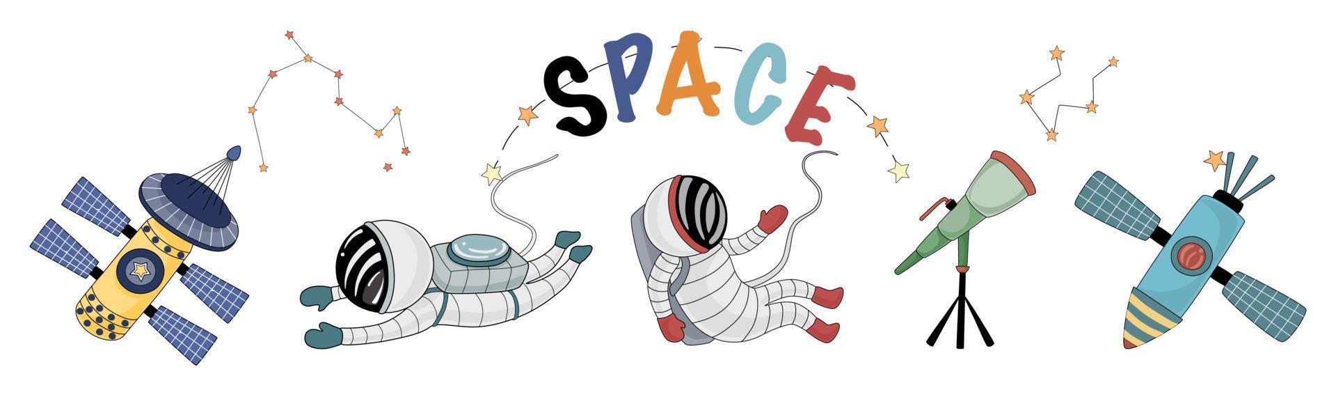 Set of space vector elements designed in doodle style on white background. Can be adapted to a variety of applications such as stickers, digital printing, children's arts, scrapbooks, kindergarten