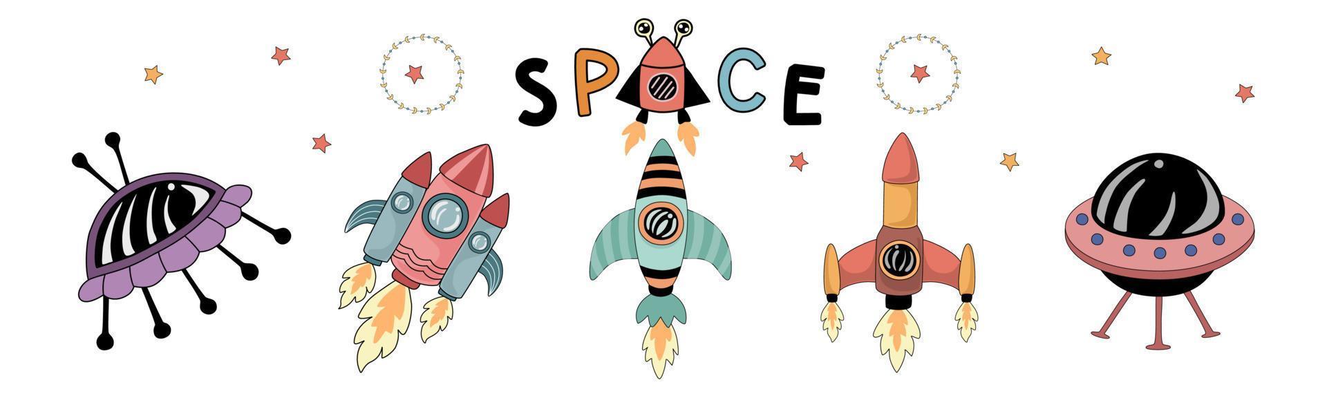 Set of space vector elements designed in doodle style on white background. Can be adapted to a variety of applications such as stickers, digital printing, children's arts, scrapbooks, kindergarten