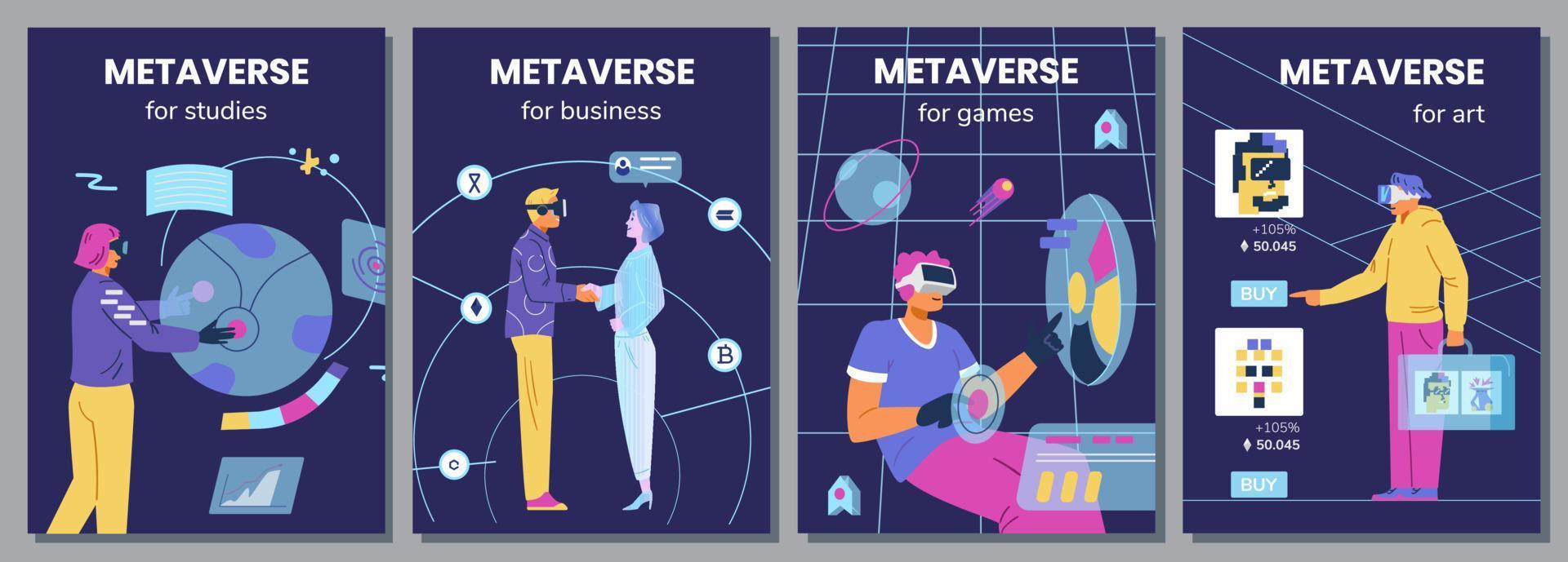 Metaverse in different life spheres set of vector posters. People in VR headsets using metaverse for their purposes - studies, games, business, investment in NFT art.