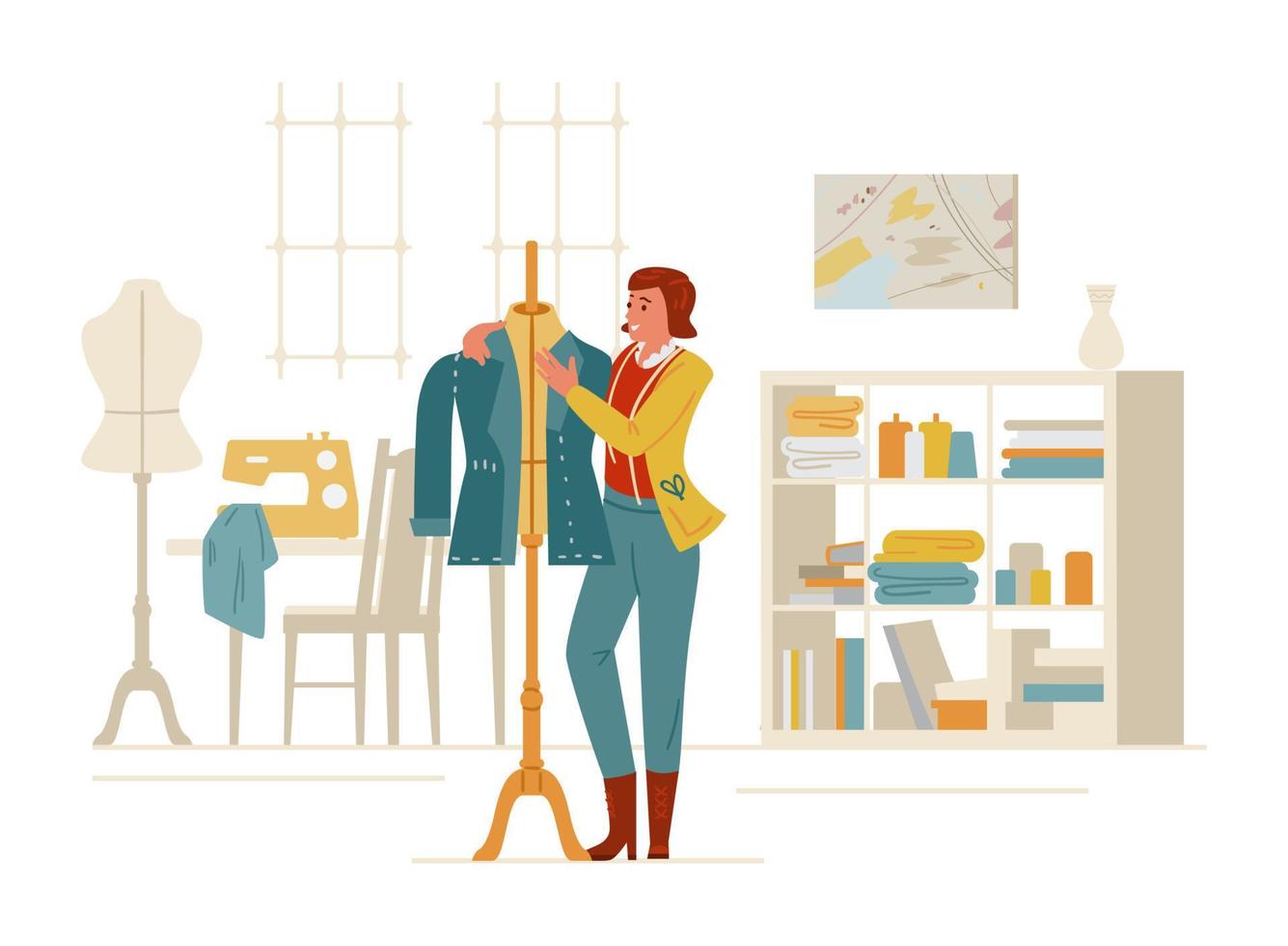 Woman Tailor Or Fashion Designer Near Mannequin In Sewing Studio Interior. Flat Vector Illustration.