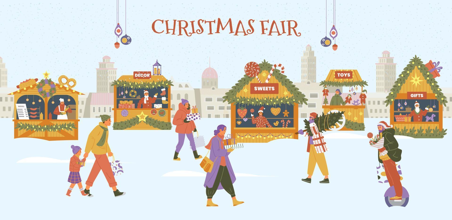 Christmas fair horizontal vector poster. Winter cityscape with people and food, souvenirs, toys and decoration shops with sellers.