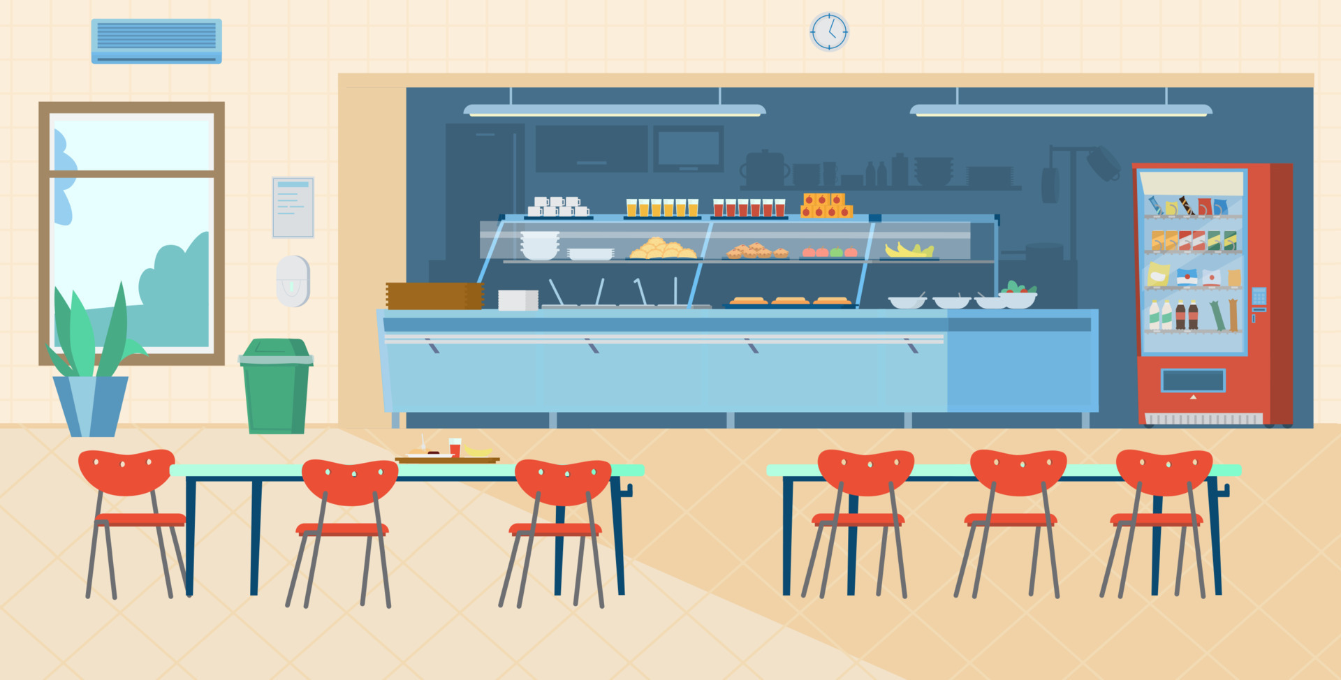 School Canteen Interior. Kitchen, Vending Machine, Trash Can, Tables With Chairs, Menu, Hand