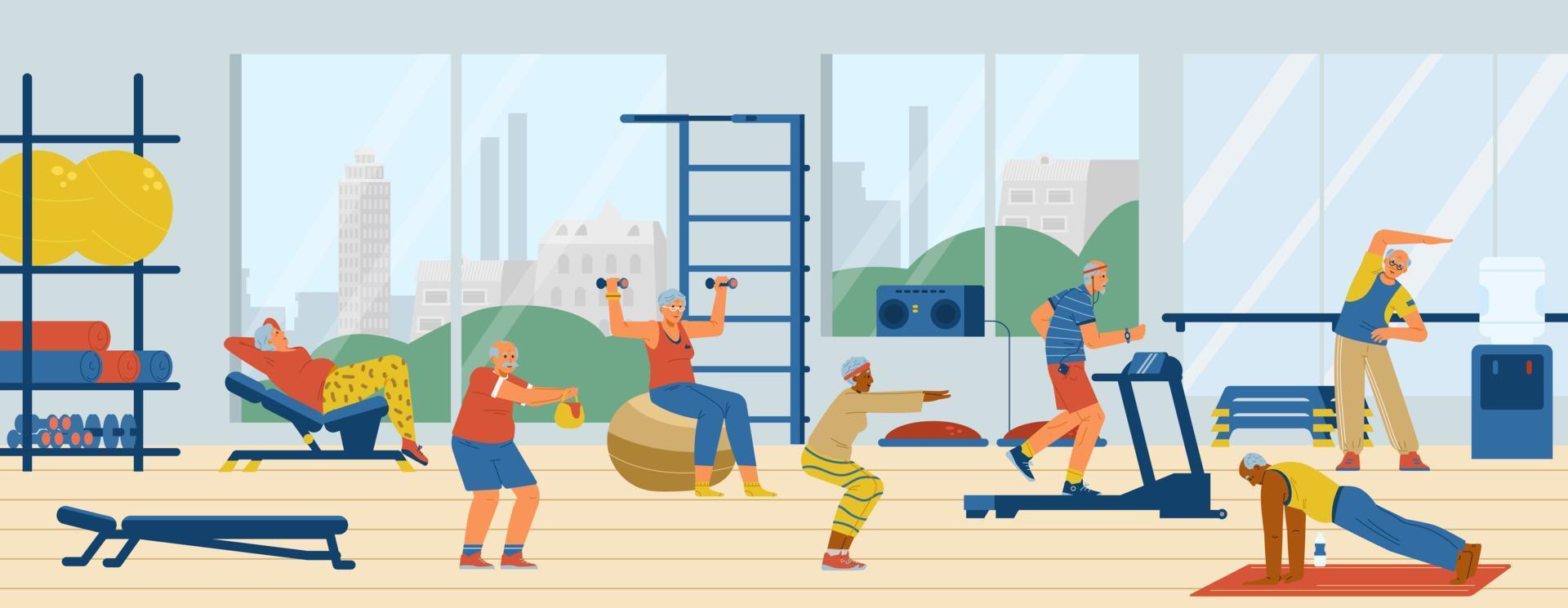 Different elderly people doing exercises in the gym flat vector illustration. Active retirement.