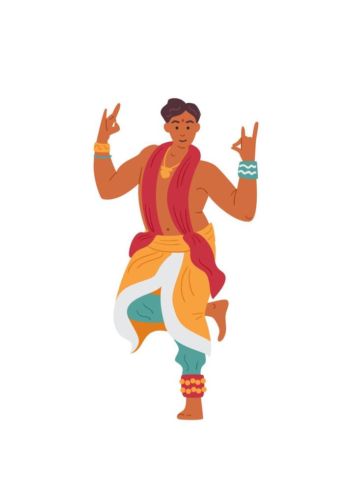 Indian Man In Traditional Outfit Dancing. Asian Male Character Vector Illustration. Isolated On White.