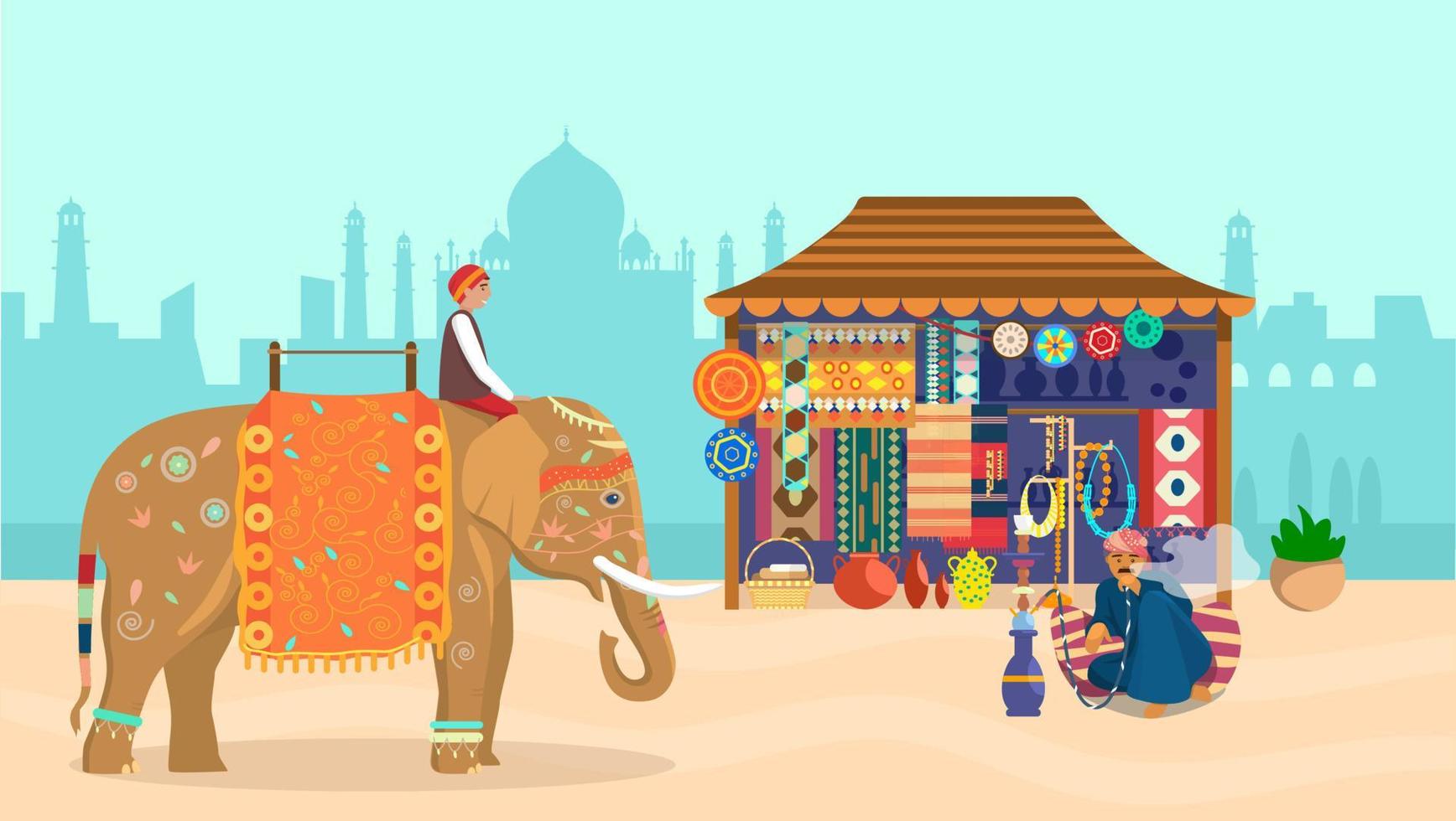 Indian scenery. Elephant rider on decorated elephant, Taj Mahal silhouette, souvenir shop, pottery, carpets, fabrics, jewelry, man smoking hookah sitting on a pillow. Flat vector. vector