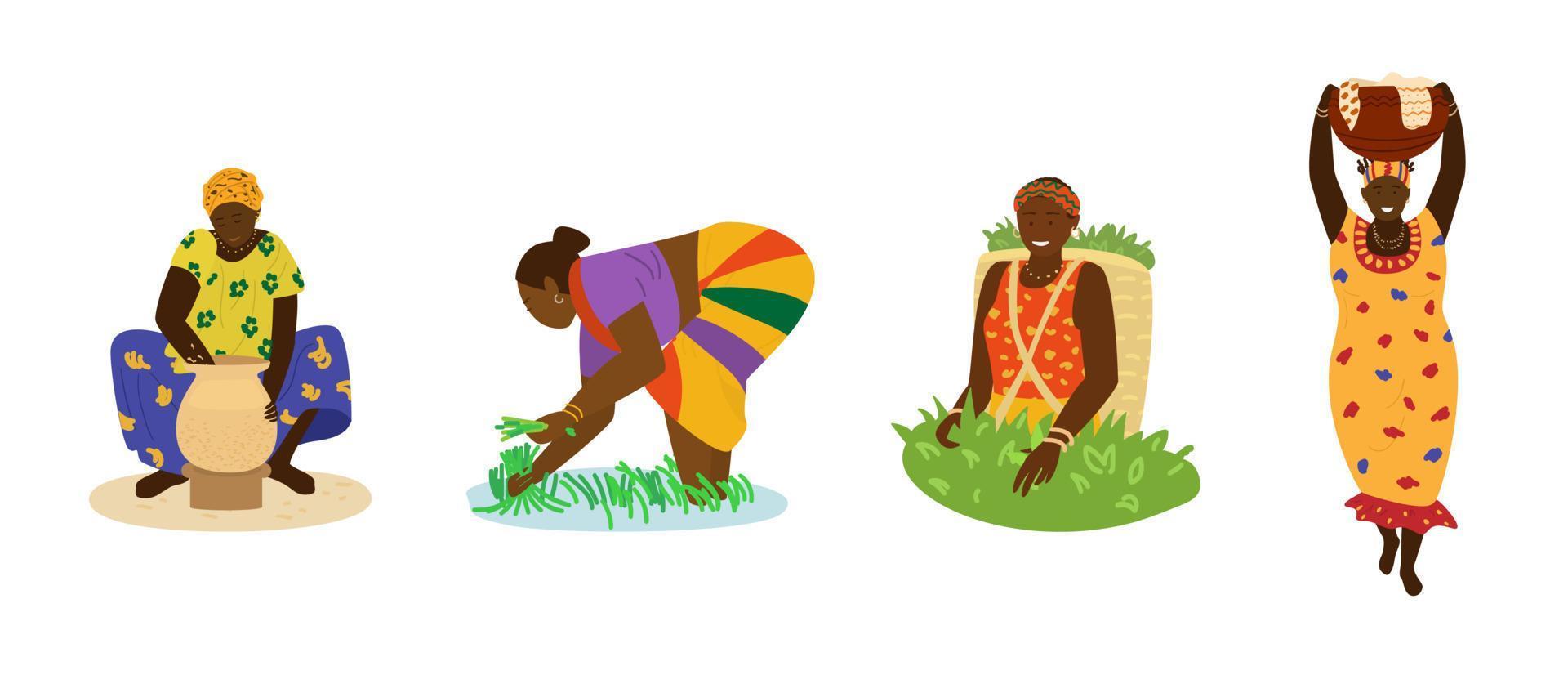 mujeres africanas con vestidos coloridos trabajando. haciendo cerámica, trabajando en el campo de arroz, recogiendo té, cargando una jarra grande con ropa sucia. artesanía tradicional, trabajo manual, agricultura. vector dibujado a mano plana.