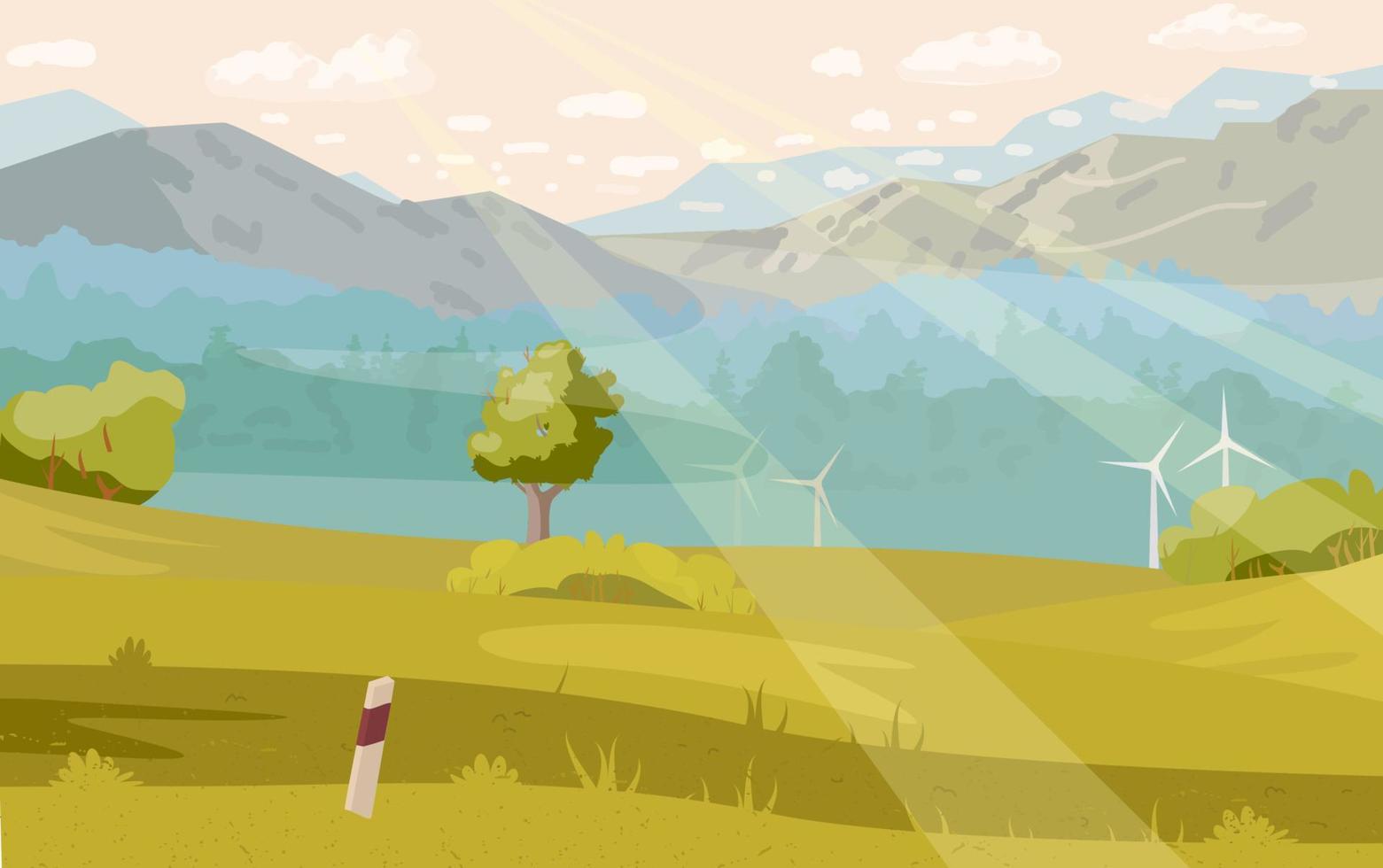 Beautiful summer landscape with foggy mountains, forest, cloudy sky, wind mills, sun rays. Horizontal landscape panorama. Hand drawn vector illustration.