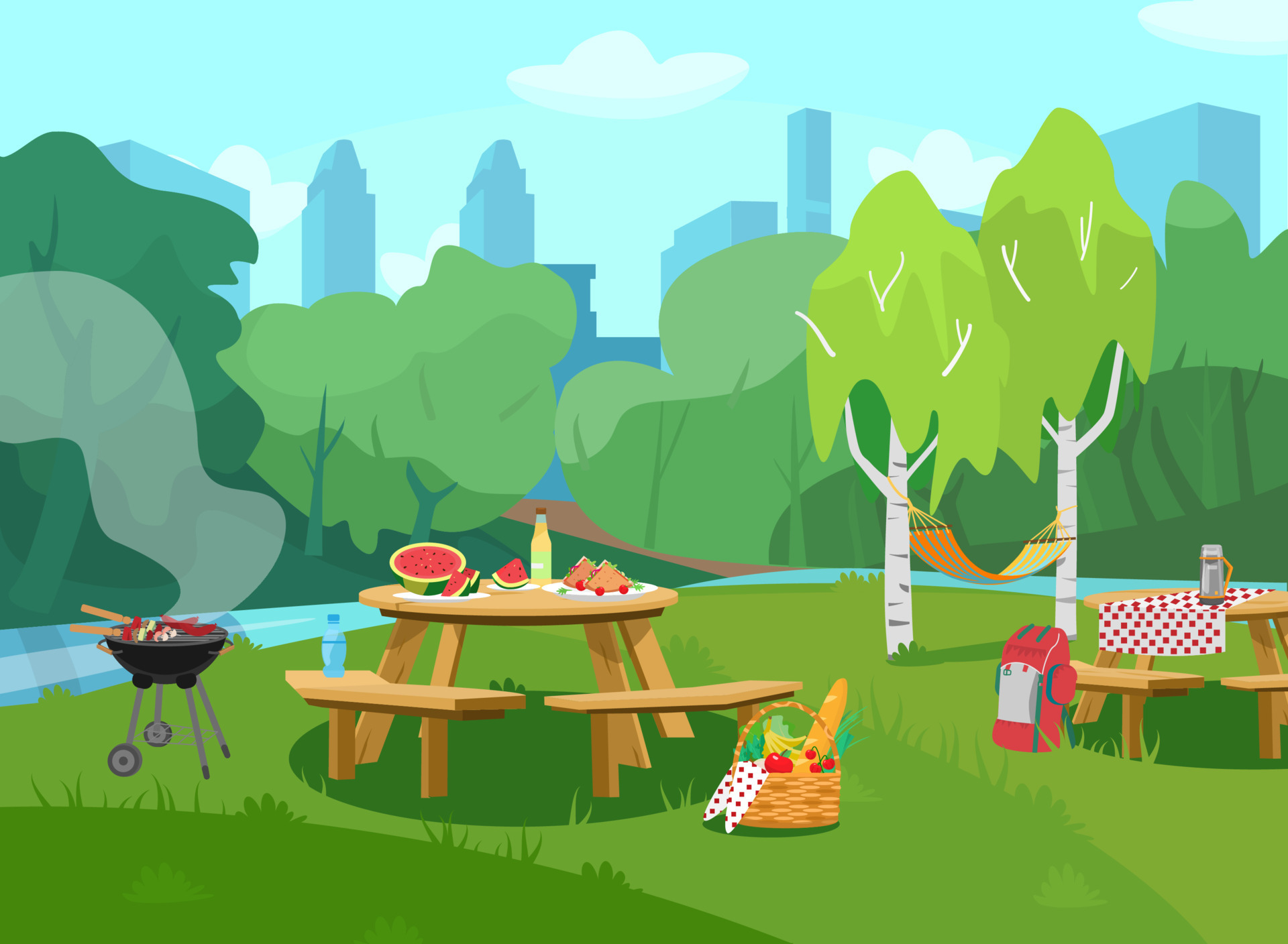 Vector illustration of park scene in city with tables with food and barbeque. Cityscape at the background. Picnic basket with fruits, vegetables and baguette. Cartoon style. 8574379 Vector Art at Vecteezy Vector illustration of park scene in city with tables with food and barbeque. Cityscape at the background. Picnic basket with fruits, vegetables and baguette. Cartoon style. 8574379 Vector Art at Vecteezy