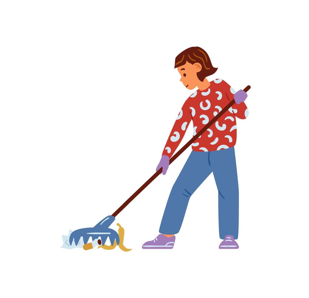 Girl Collecting Trash With Rake During Cleanup. Vector Illustration. Isolated On White.