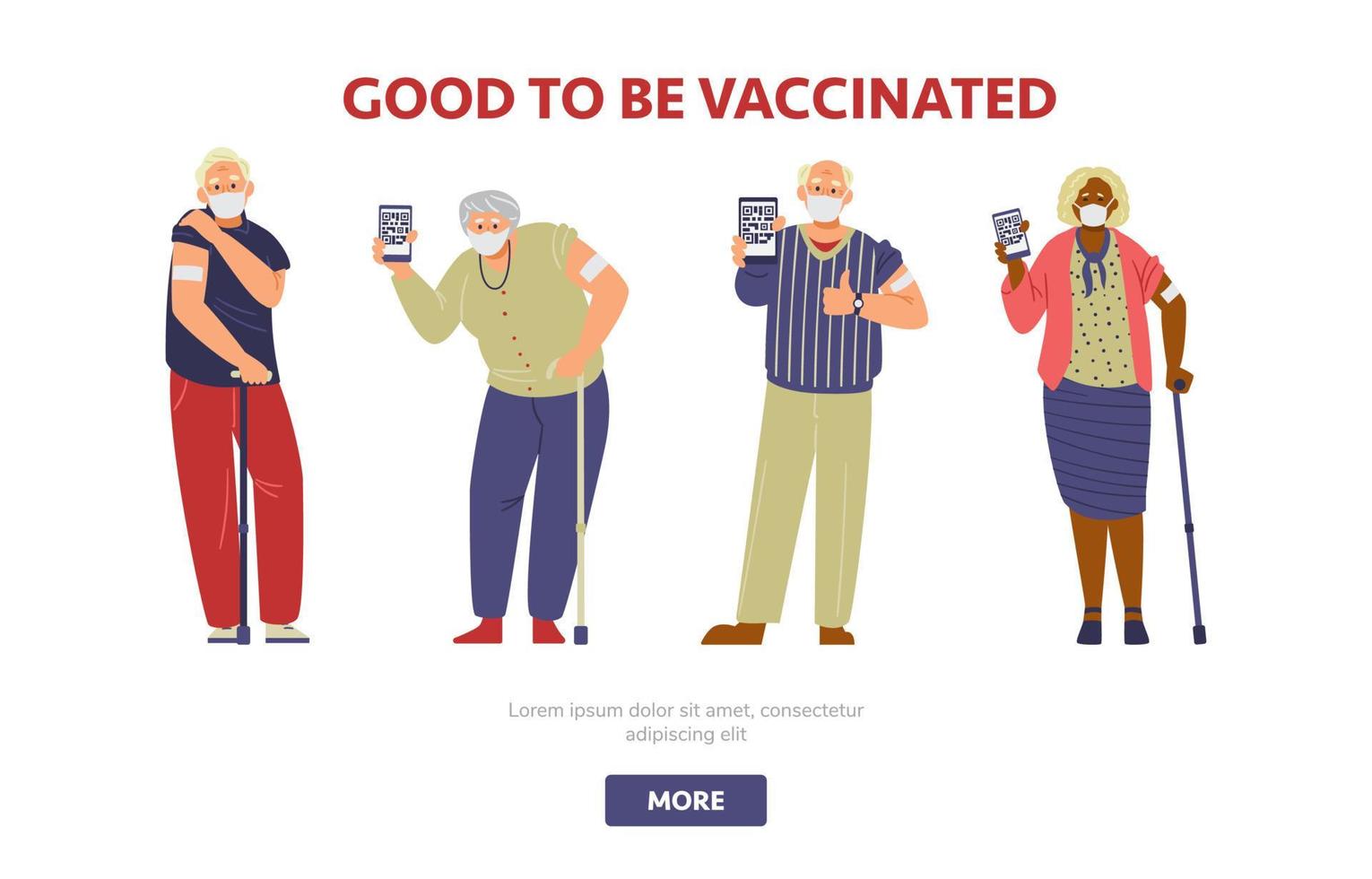 Elderly people vaccination flat vector  motivational banner. Senior men and women in face masks vaccinated holding phones with health passport showing arms with patch.