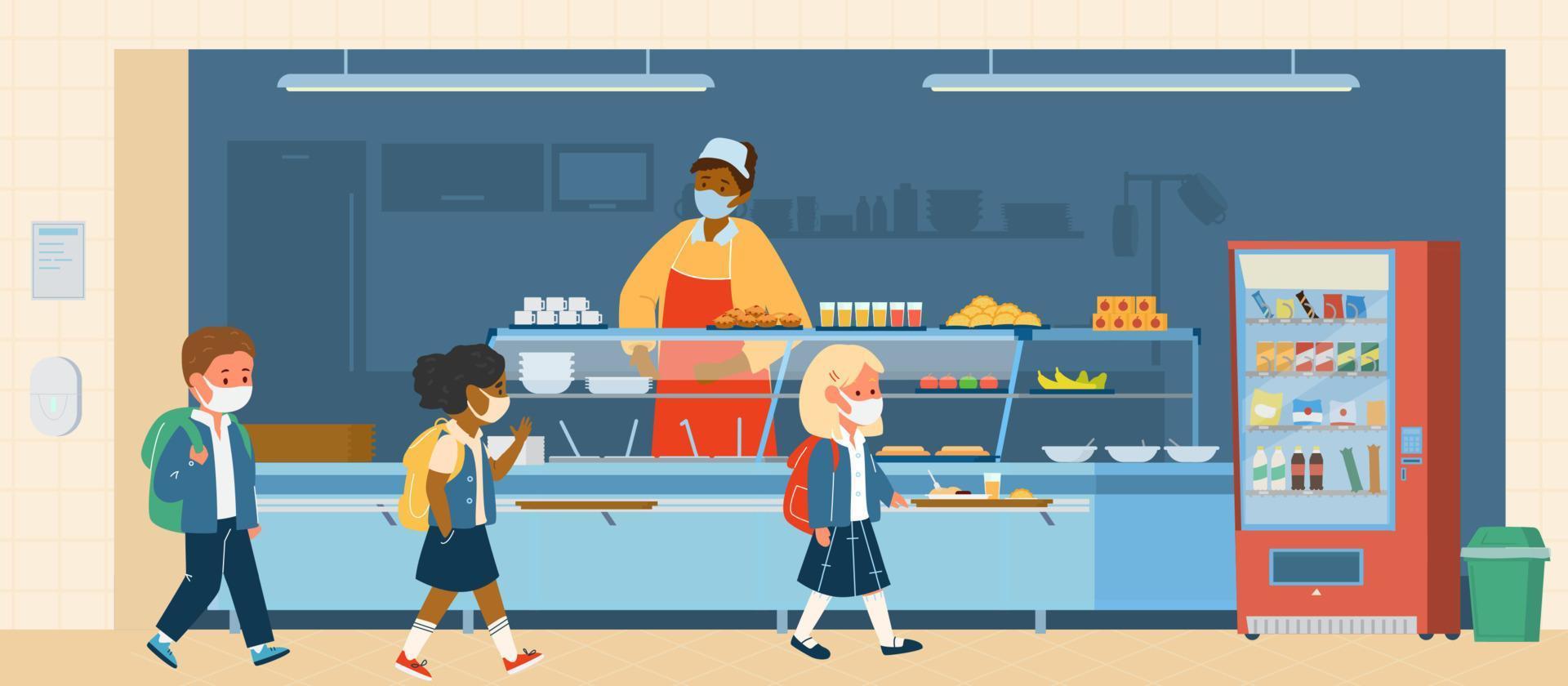 Vector School Canteen With Different Races Pupils In Protective Masks vector-school-canteen-with-different-races-pupils-in-protective-masks