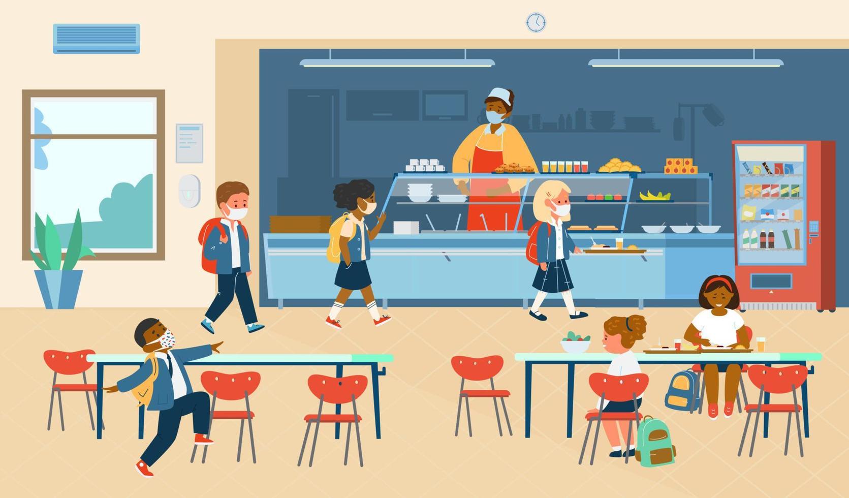 comedor escolar vectorial con alumnos de diferentes razas con máscaras protectoras haciendo cola para tomar comida y sentados en la mesa comiendo. vida escolar durante la pandemia de covid-19. ilustración plana vector