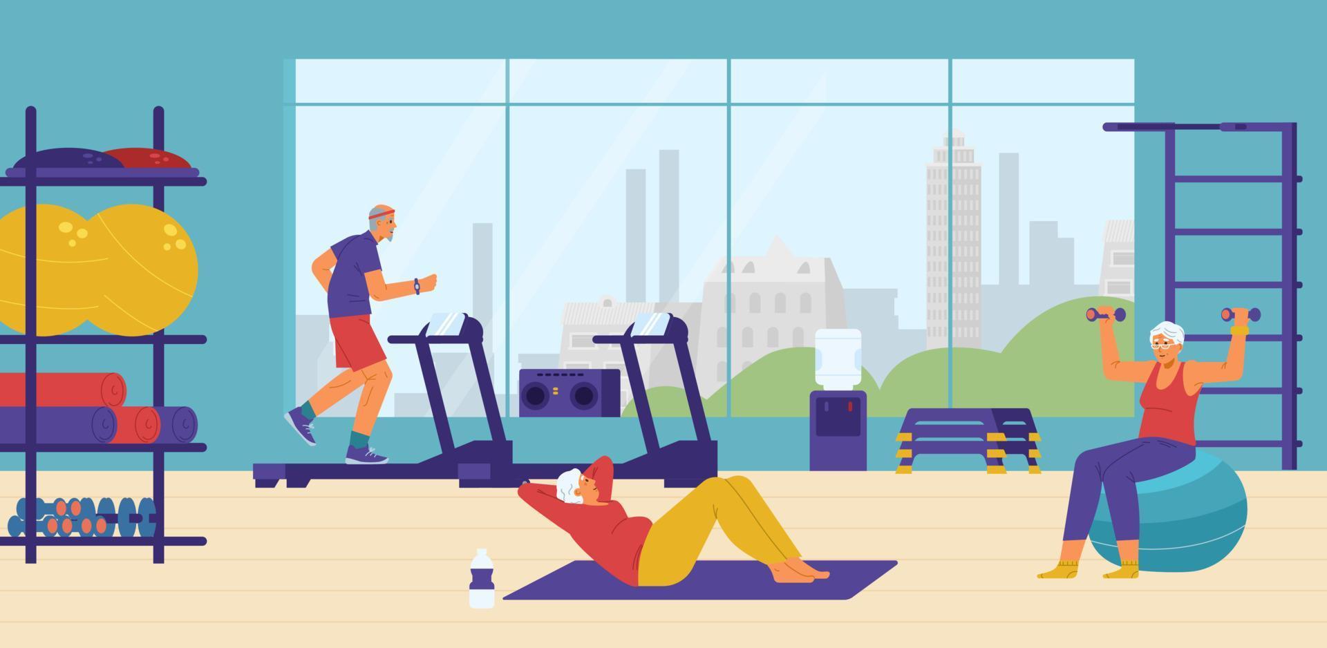 Elderly people doing exercises in the gym. Senior man on the running track, woman shaking press, exercising on fit ball. vector