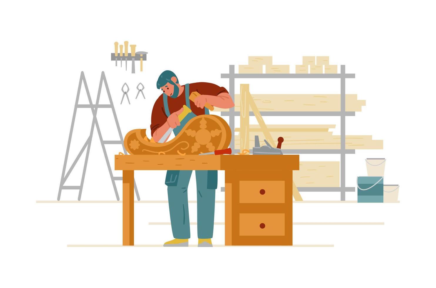 Craftsman Carpenter In Overall Carving On Wood In Workshop Interior. Artisan Flat Vector Character.