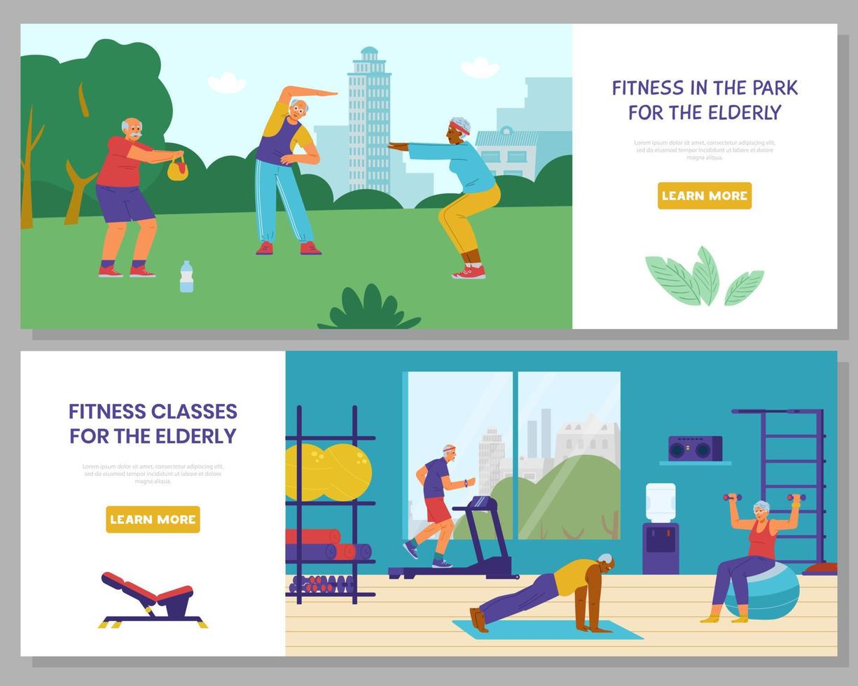 Active retirement horizontal vector banners. Elderly people doing exercises in the gym and outdoors.