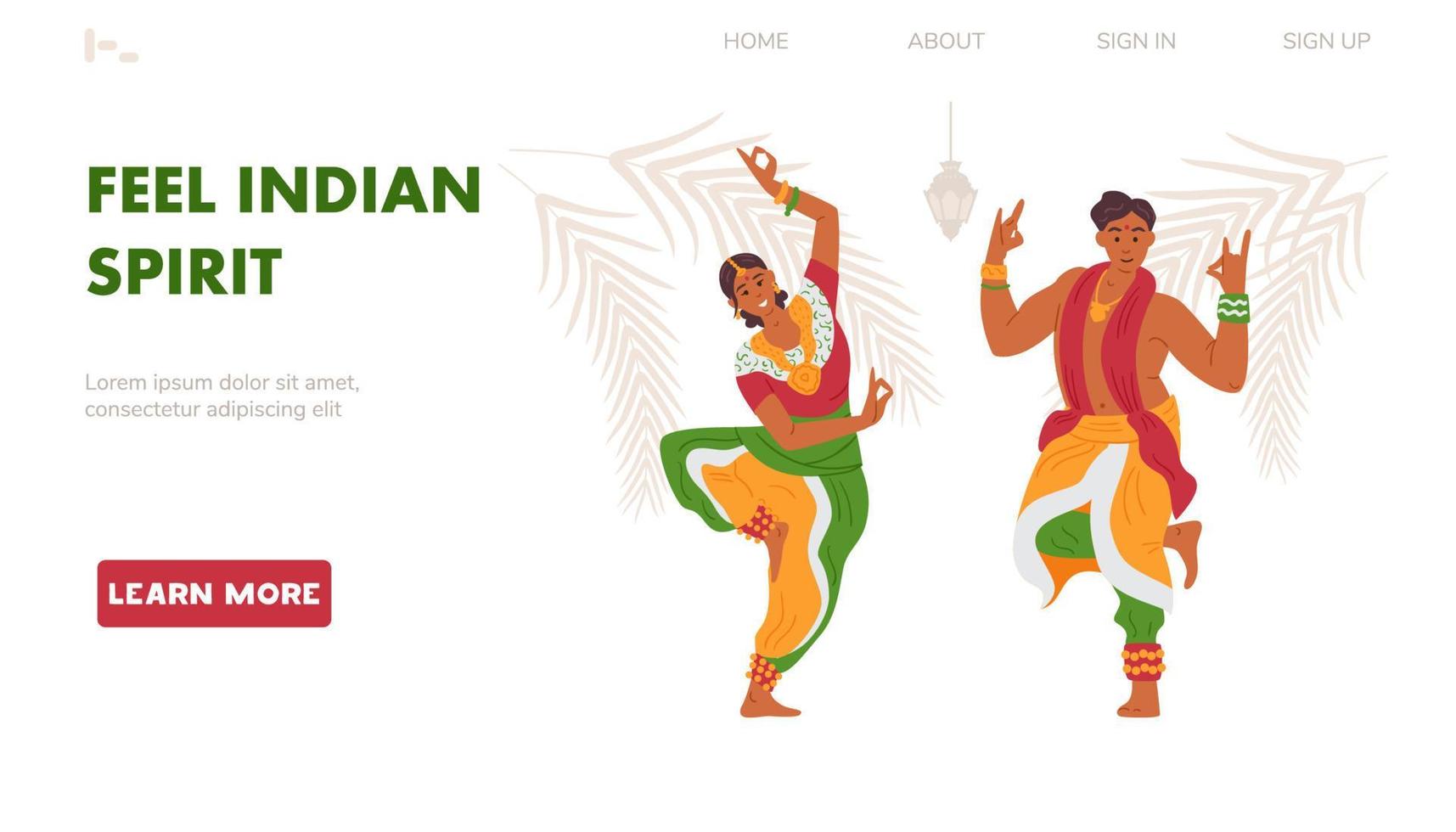 Travel to India vector landing page template. Man and woman in traditional clothing dancing.