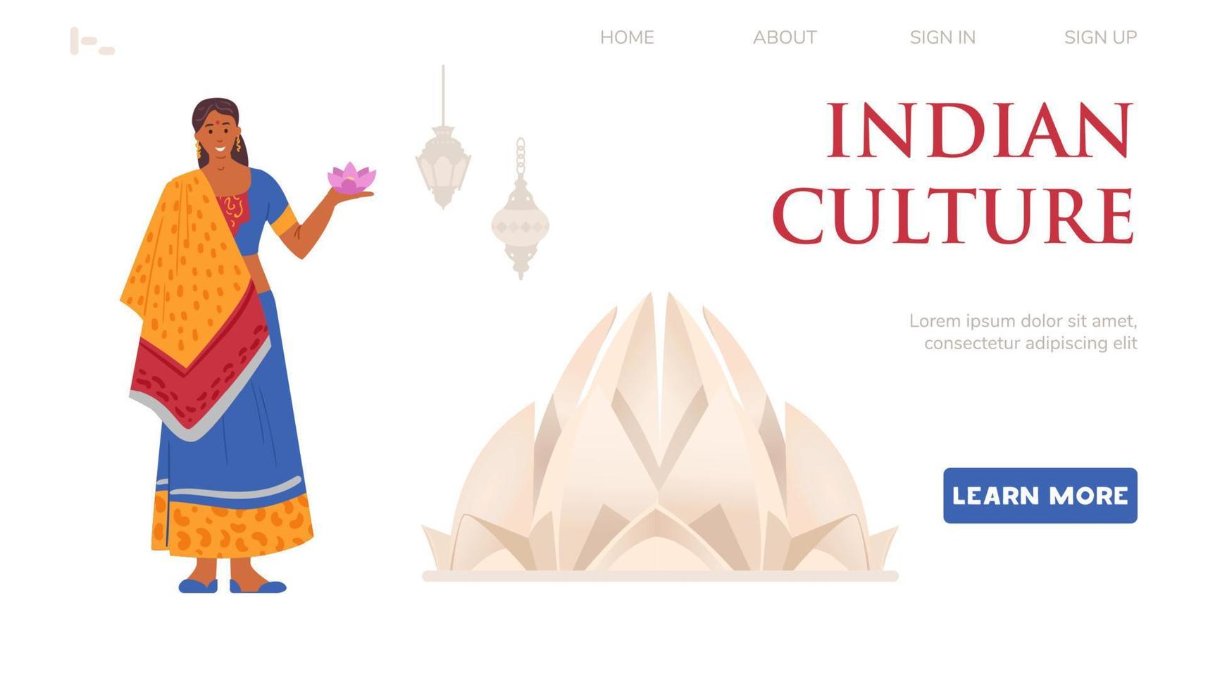 bienvenido a la plantilla de página de inicio de vector de india. mujer india con vestido tradicional sosteniendo flor de loto.