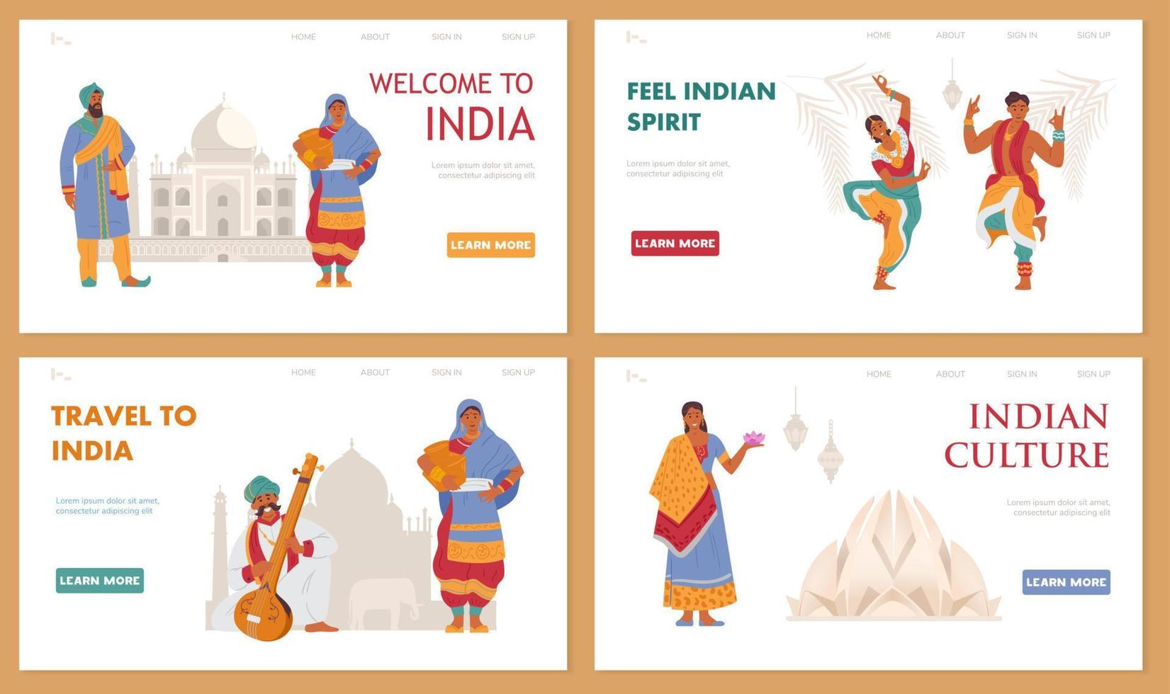 viaje a la india conjunto vectorial de plantillas de página de inicio con caracteres indios. vector