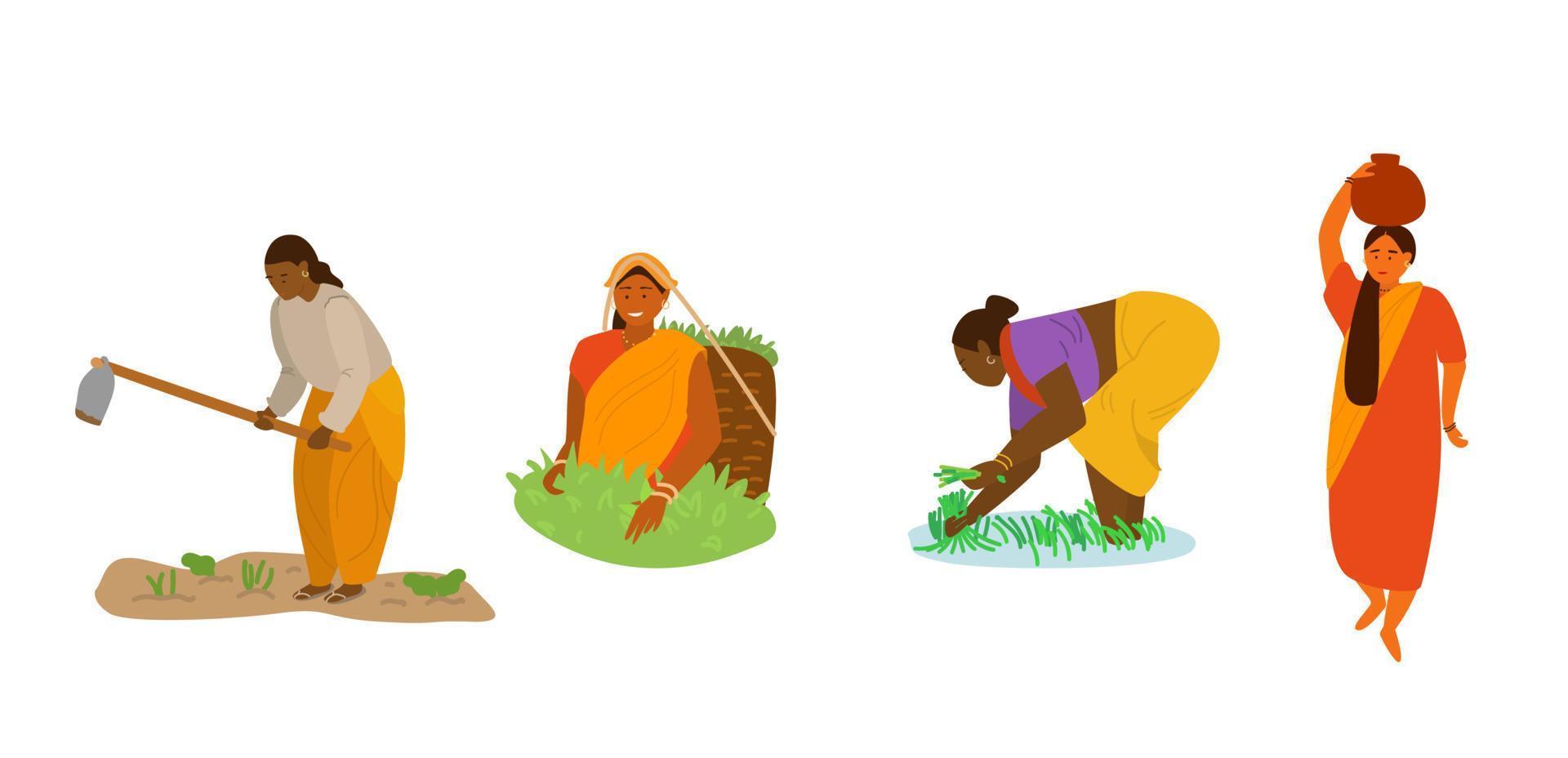 conjunto vectorial de mujeres indias trabajando. mujer arando, cavando, recogiendo té, trabajando en el campo de arroz, llevando una gran jarra en la cabeza. caracteres indios. profesión de mujer. agricultura tradicional, trabajo manual. vector