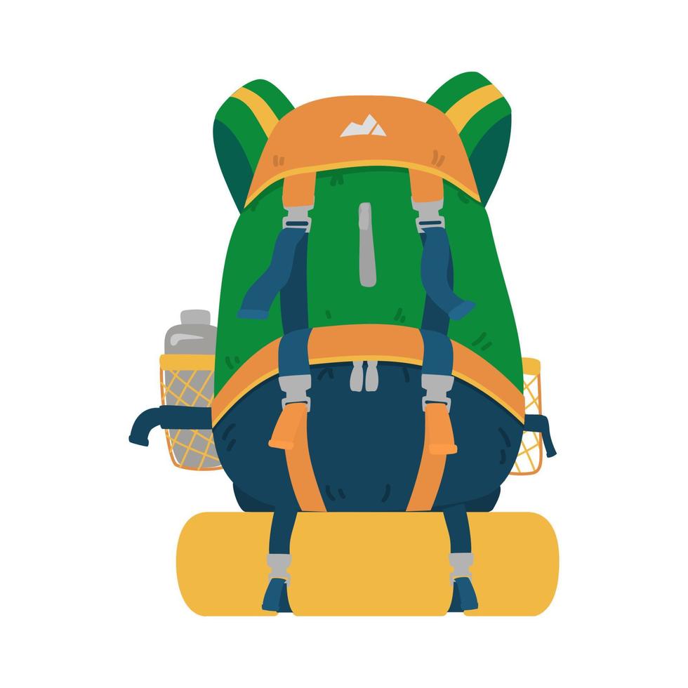 mochila turística con colchoneta y botella. equipo de campamento. aislado en blanco ilustración de dibujos animados planos vectoriales. vector