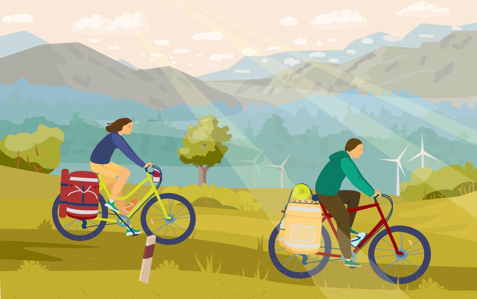 Young couple in mountain bike camping with great view on the background. Cyclists with back packs in biking travel. Mountains and forest, windmills landscape. Go wild. vector