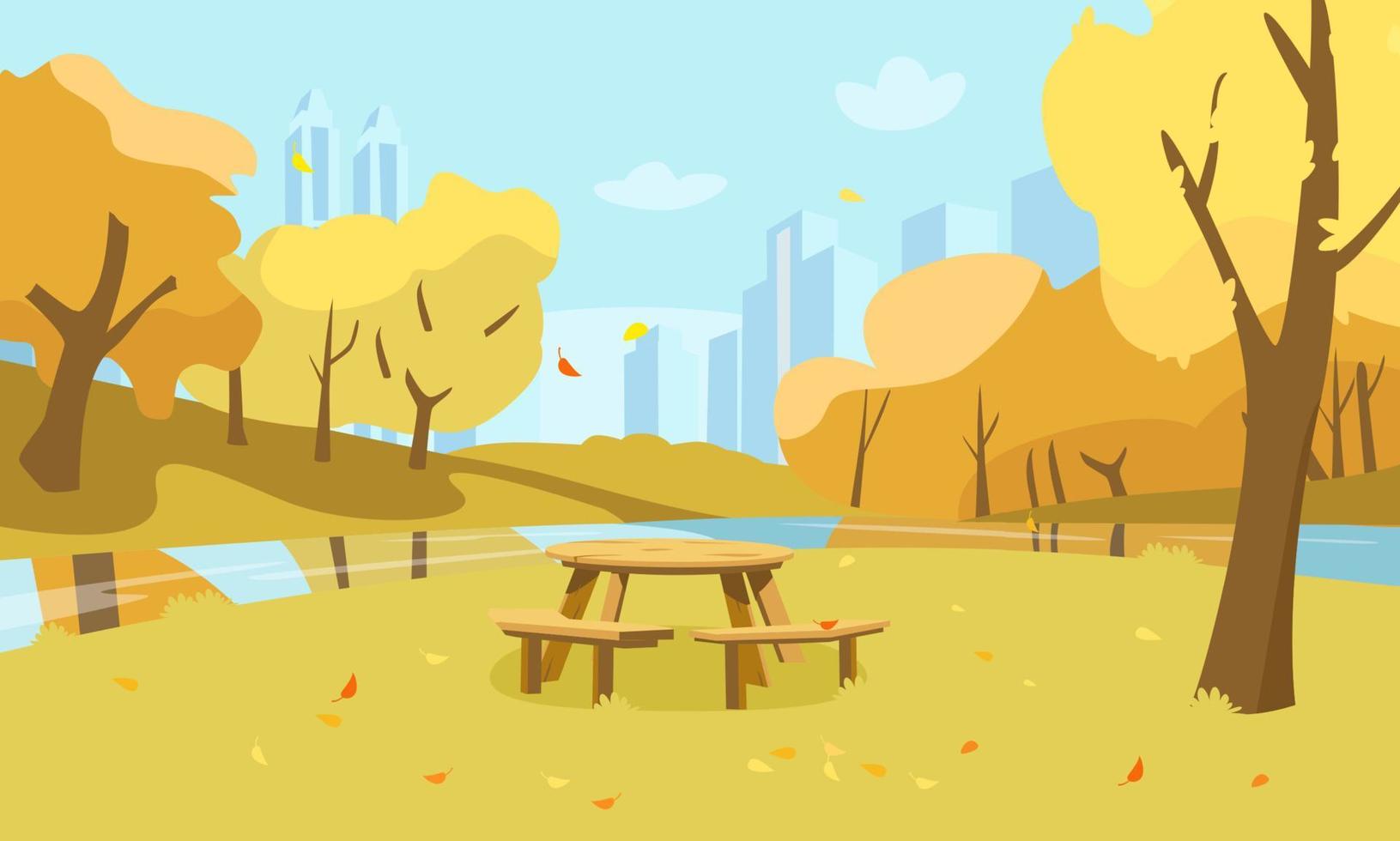 Vector Autumn Park Scenery. Public Garden With Picnic Table, Yellow Trees, River And City Silhouette.