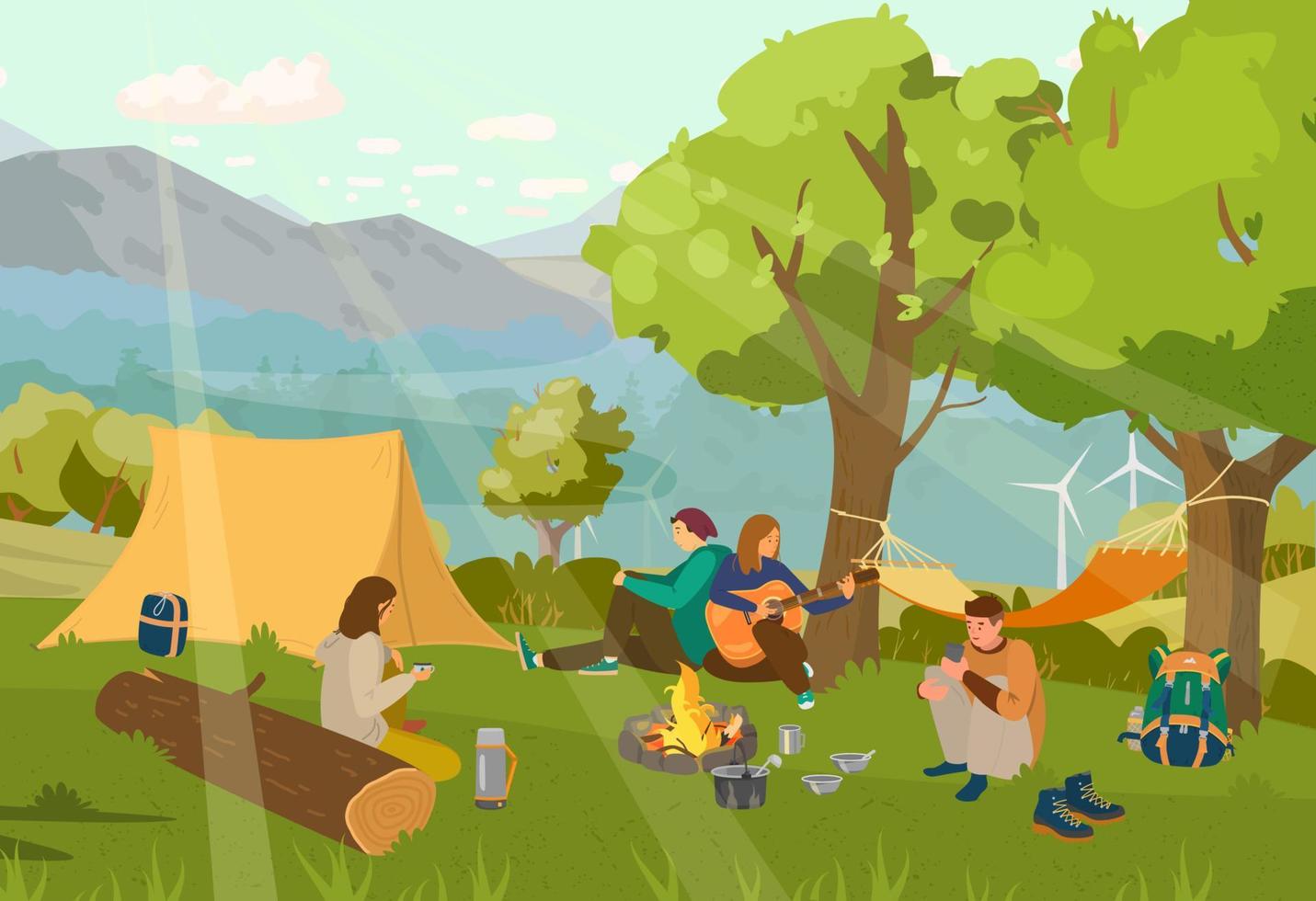 Group of friends in camp site sitting around campfire playing guitar. Mountains landscape. Hike, outdoors. Vector illustration.