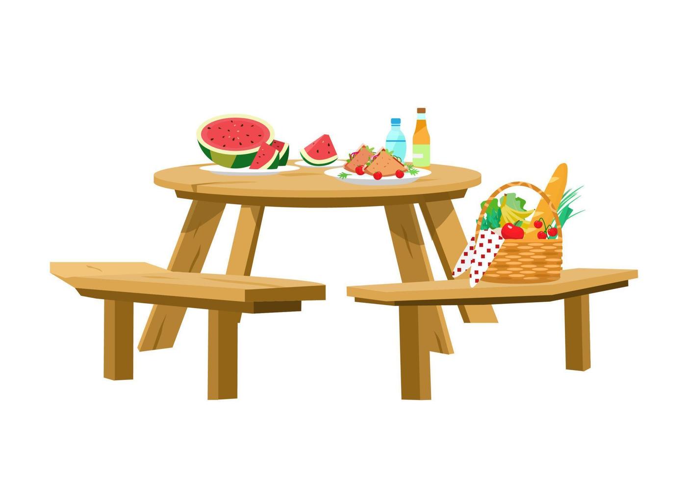 ilustración vectorial de la mesa de picnic servida aislada en blanco. cesta de picnic, sandía con rodajas, sándwiches, agua, limonada. mesa redonda de madera con bancos. vector