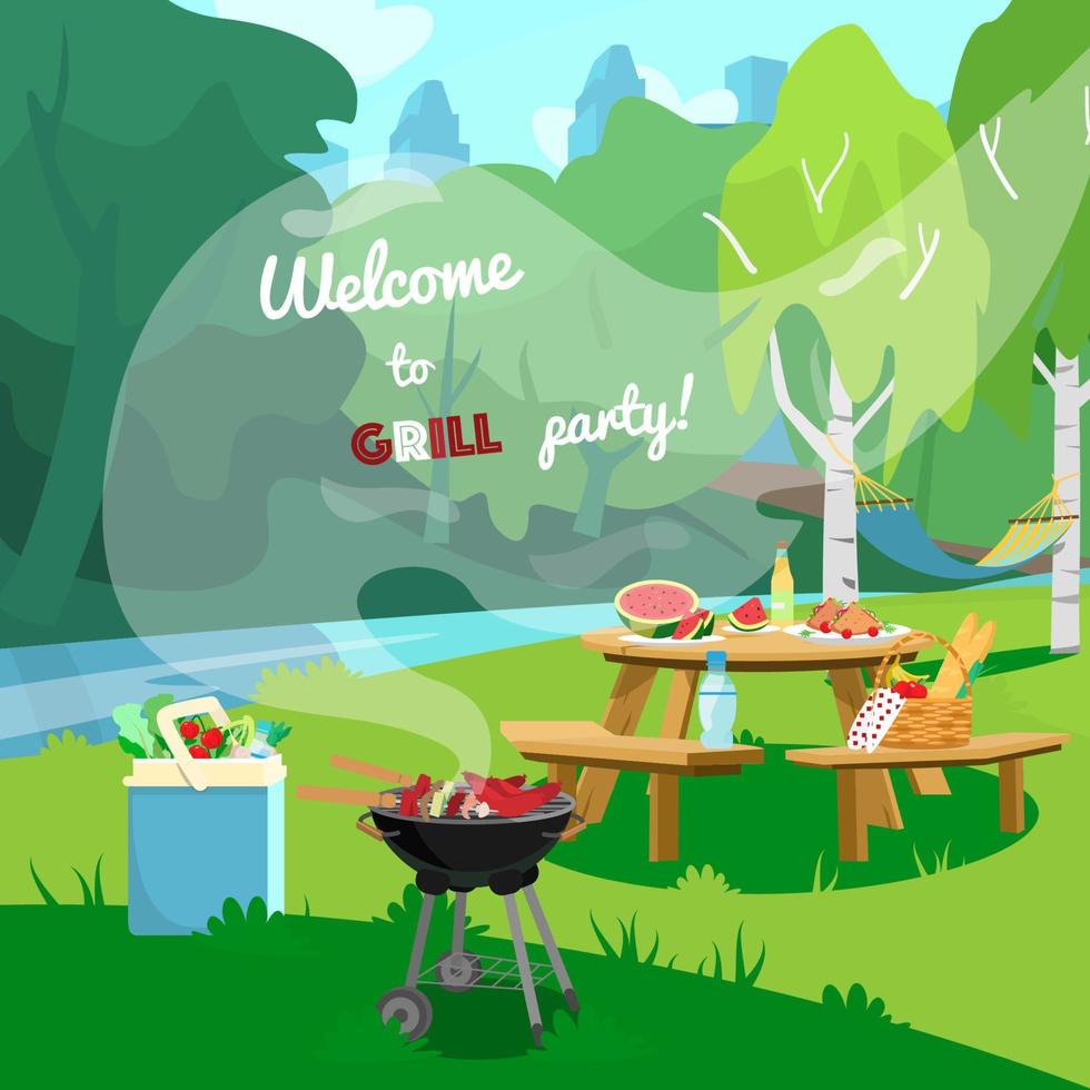 invitación vectorial a la fiesta de barbacoa. mesa de picnic servida, barbacoa con comida, hielera con verduras y agua. paisaje, escena de picnic. estilo catroon. vector