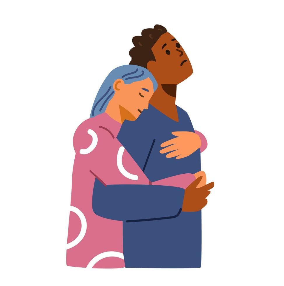 Sad couple hugging comforting each other vector illustration. People in sorrow embracing to support each other.