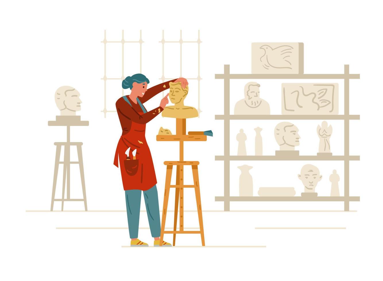 Woman Sculptor Making Statue In Workshop Interior. Artisan Female Character Vector Illustration.