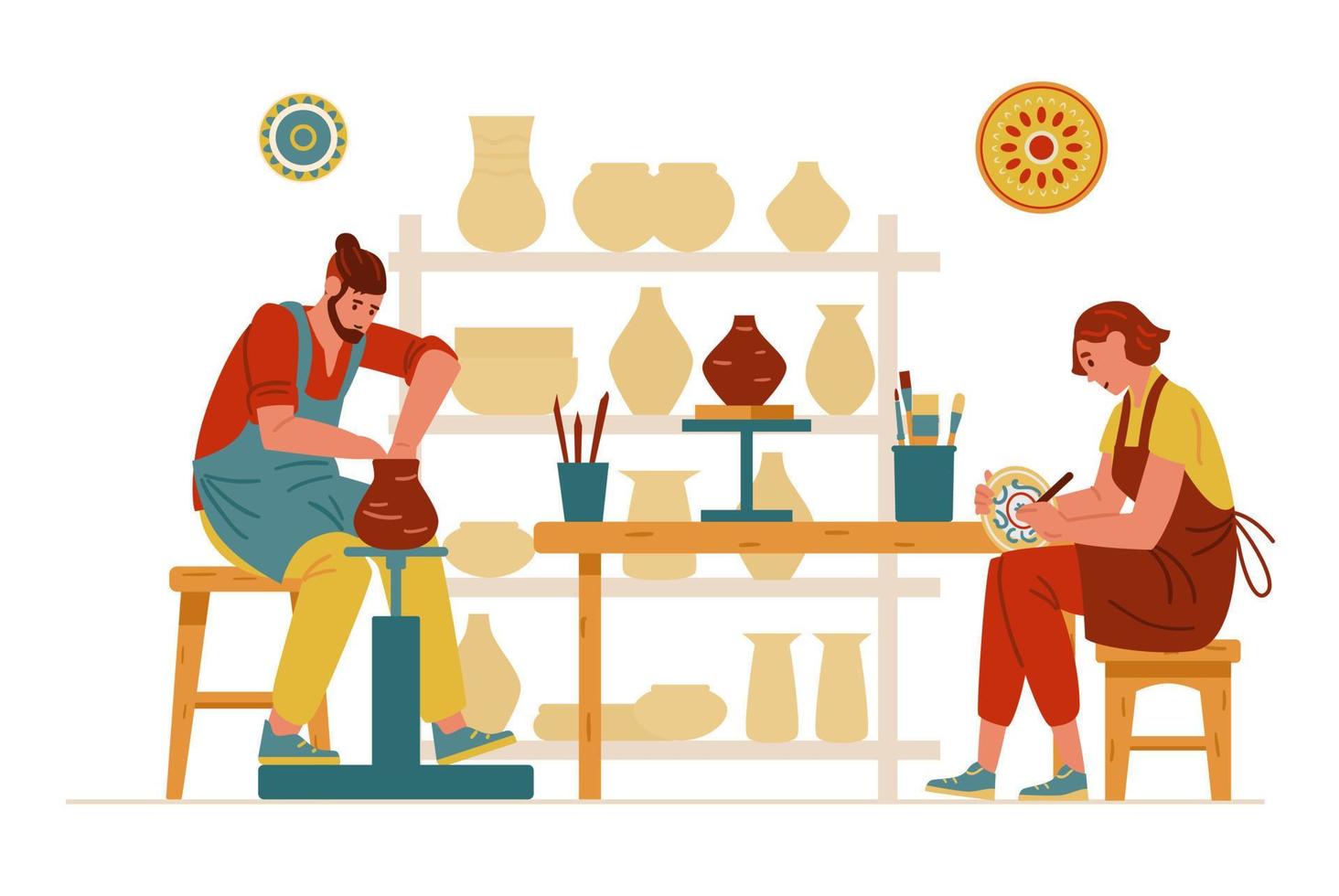 interior de estudio de cerámica con cerámica y gente trabajando. hombre haciendo cazuela de barro, mujer pintando un plato. ilustración vectorial vector